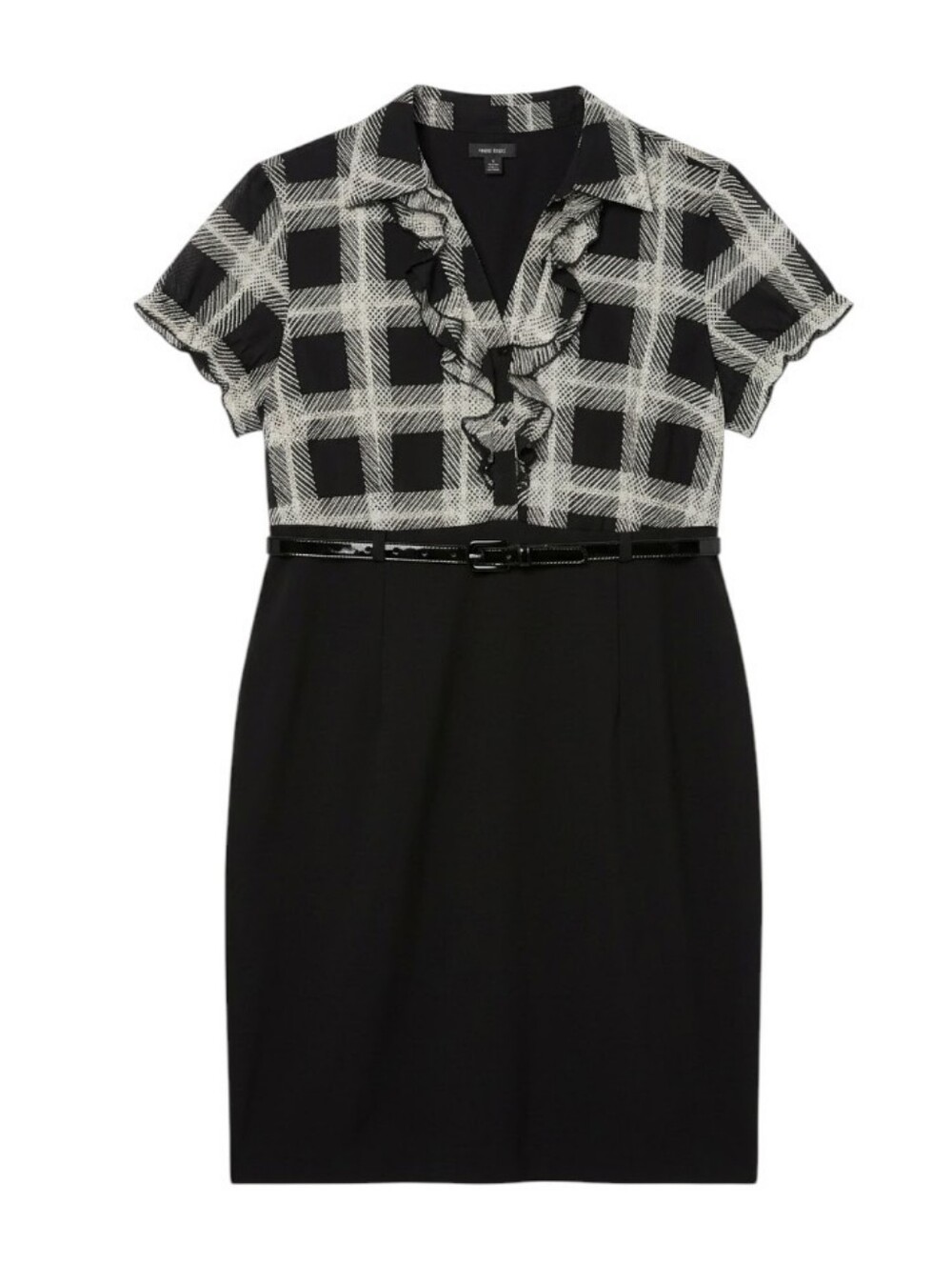 Voir Voir Black White Plaid Short Sleeve Ruffle Sheath Dress w/ Belt | Size 20W